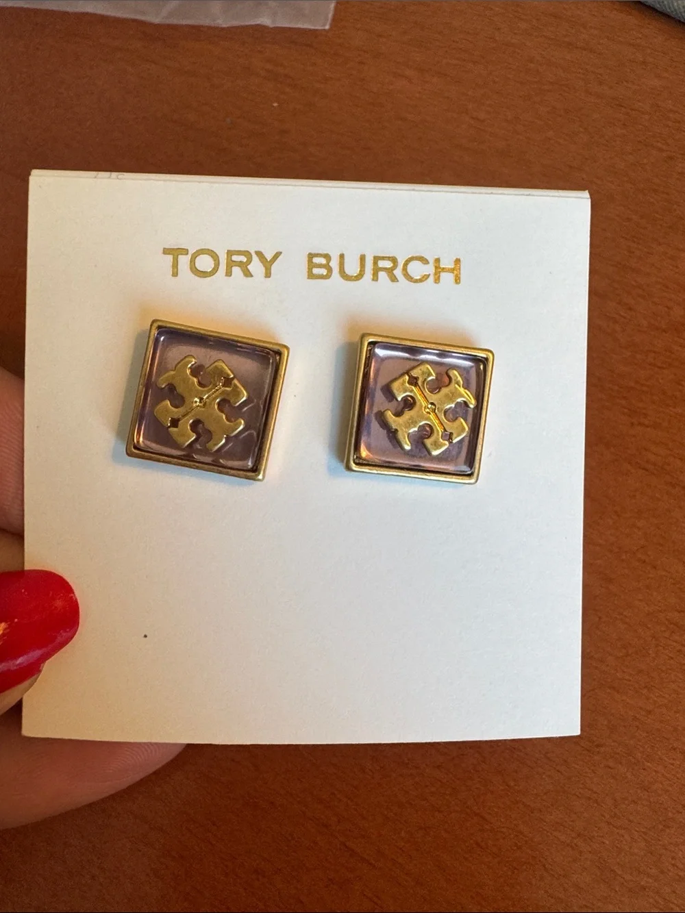 TORY BURCH Resin Purple Gold Logo Stud Earrings NEW $129